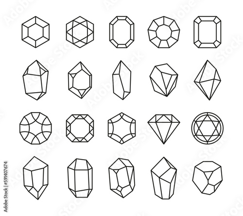 Line natural crystal. Geode outline sketch, mineral quartz line art for logo jewelry design, magic witchcraft symbols. Vector black set. Magical treasure, expensive gems with diamonds, sapphire