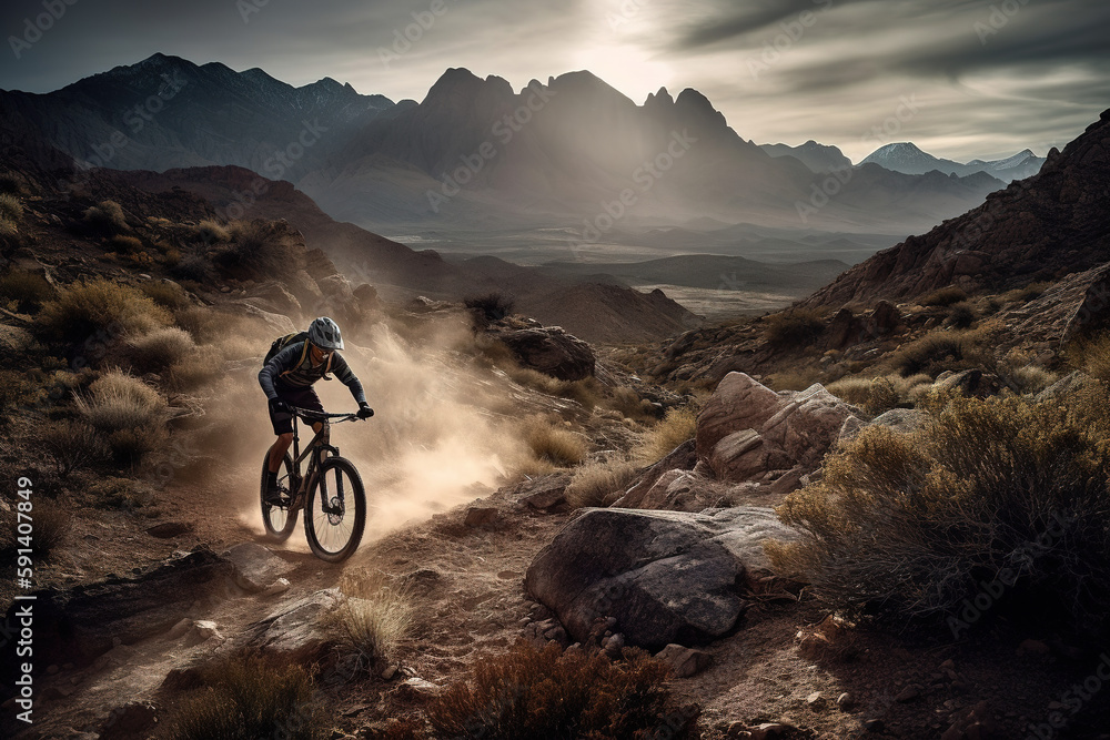 Fototapeta premium A thrilling, high-speed mountain biking scene, featuring a daring rider navigating a rugged, rocky trail, with a breathtaking mountain vista as the backdrop. Generative AI.