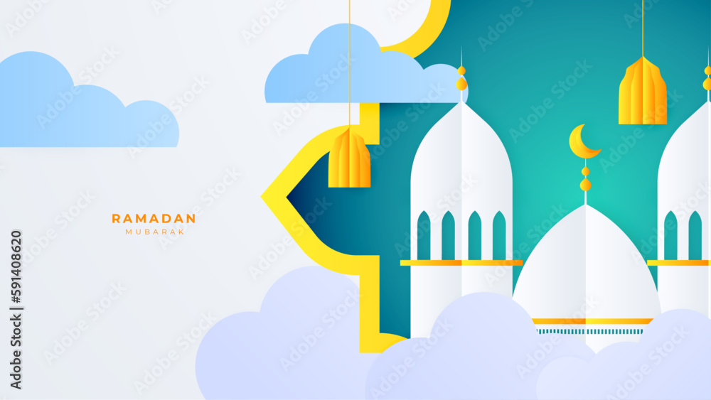 Ramadan Kareem Banner with Gold Moon, Clouds and 3d Paper cut Sheikh Zayed Grand Mosque icon. Vector illustration. Place for Text. Eid Mubarak greeting card