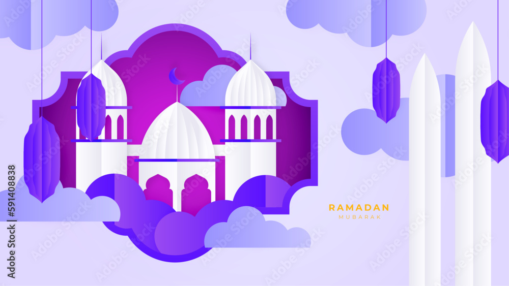 Ramadan Kareem Horizontal Sale Header or Voucher Template with Gold Moon, 3d Paper cut Clouds and Stars on Night Sky Violet Background. Vector illustration. Place for Text.