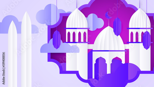 Ramadan Kareem Banner with Moon, Clouds and 3d Paper cut Sheikh Zayed Grand Mosque icon. Vector illustration. Place for Text. Eid Mubarak greeting card