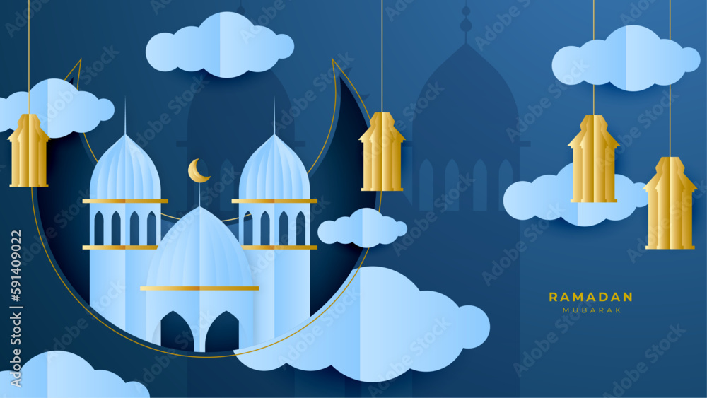 Crescent Islamic with mosque for Ramadan Kareem. Islamic greeting card template with ramadan for wallpaper design background. Poster, paper cut, media banner. Mosaic vector illustrator.