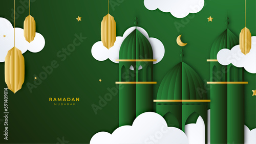 Ramadan Kareem Horizontal Sale Header or Voucher Template with Gold Moon, 3d Paper cut Clouds and Stars on Night Sky Violet Background. Vector illustration. Place for Text.
