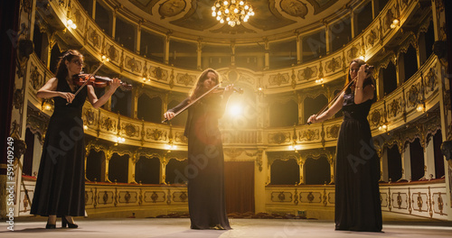 Portrait of a Group of Female Violinists Playing Violins While on the Stage of an Empty Classic Theatre. Musicians Rehearsing for a Big Classical Music Concert with Orchestra
