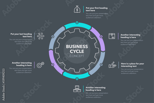 Business cycle template with six colorful stages - dark version. Easy to use for your website or presentation.