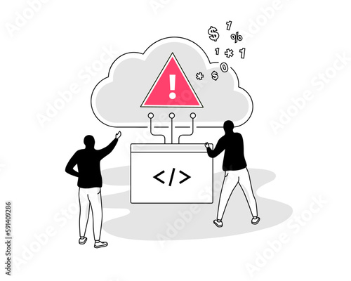 Illustration of cloud third-party threats symbol with two hackers using an insecure API to access a targeted server.