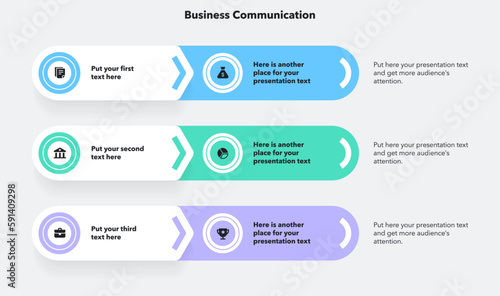 Modern business communication template with three colorful stages. Flat presentation template with icons and place for your content.
