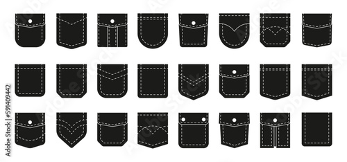 Black pockets. Fabric and denim cloth pocket cutout for sewing, textile patch silhouette fashion design. Simple vector pants element collection. Stitched clothing piece with buttons
