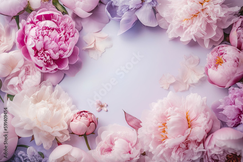 Peony flowers border frame with copy space in the middle. Beautiful floral background, elegant pastel colours. Wedding, Birthday, post planning greeting card concept, generative AI