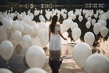 Romantic and dreams water theme, a girl in white dress is flying in the sky, holding dozens of white balloons, generative AI