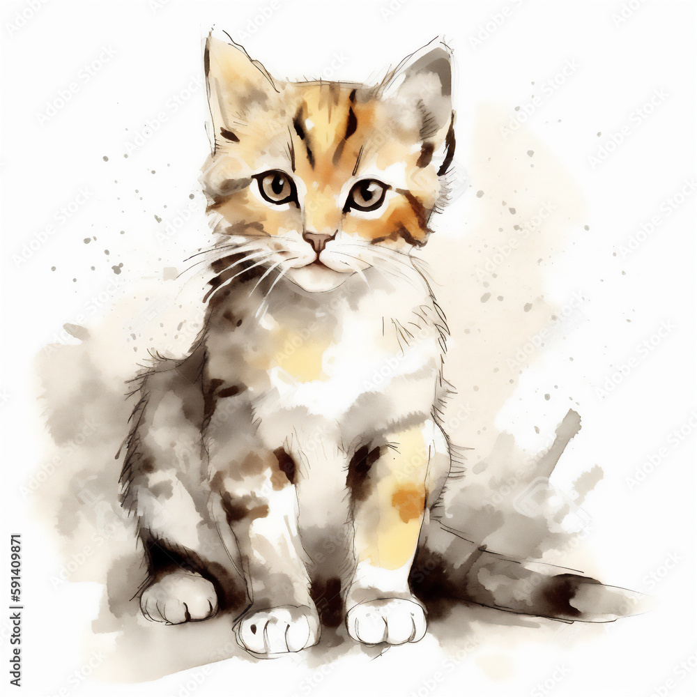 Watercolor of a Sitting Kitten with Generative AI