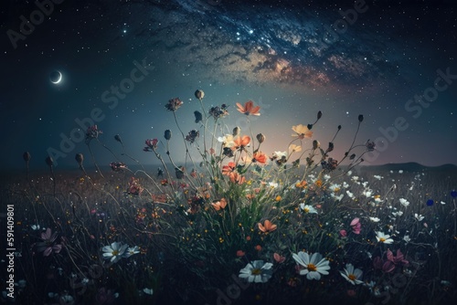 colorful field of flowers under a starry night sky. Generative AI
