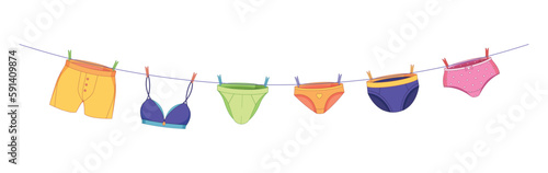 Hanging underwear. Mens underwear clothing on a clothesline, women intimate and sexy clothing on a rope, female lingerie drying. Vector isolated set. Female and male underpants, everyday bra, pants