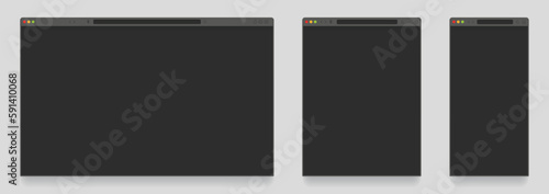 Browser mockup dark theme. Empty tab webpage with search engine, computer, laptop, tablet and mobile dark theme modes. Vector website templates. Blank black page frames for different devices