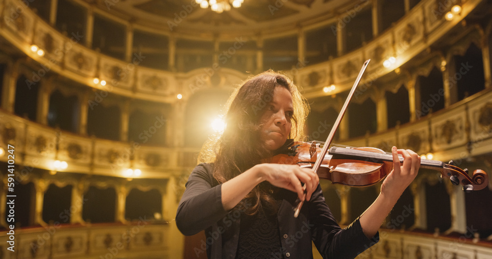Fototapeta premium Cinematic Portrait of Female Violinist Playing Violin in an Orchestra Show on the Stage of a Classic Theatre. Musician Rehearsing for a Big Classical Music Concert