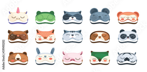 Animal sleeping mask. Cartoon sleepy faces of cute animals, nap sleepy frogs, cute puppies and kittens in face masks. Vector sleep cartoon set. Comfortable accessory for bedtime with unicorn, grog