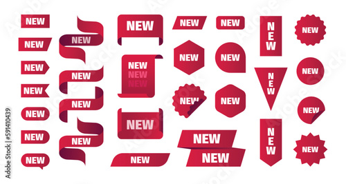 New labels. Cartoon red stickers with message, flat round corner symbols for discount offer, retail sticker kit. Vector flat new banner set. Speech bubble, oval and triangle badge shapes