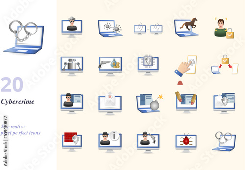 Cybercrime set. Creative icons: hacker, virus, remote access, trojan horse, authentication, botnet, online robbery, cyber protector, biometric, critical infrastructure, spyware, spam, cyber risk, ddos