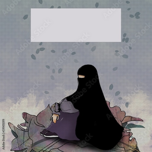 a veiled muslim woman in purple was sitting, muslimah photo