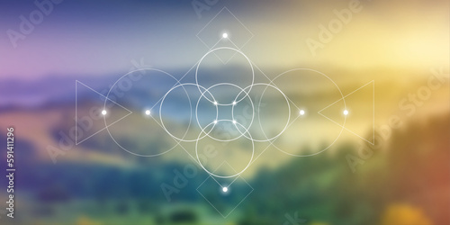 Flower of life. Tree of life. Sacred geometry spiritual new age futuristic illustration with transmutation interlocking circles, triangles and glowing particles