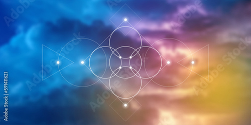 Flower of life. Tree of life. Sacred geometry spiritual new age futuristic illustration with transmutation interlocking circles, triangles and glowing particles