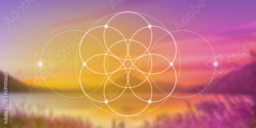 Flower of life. Tree of life. Sacred geometry spiritual new age futuristic illustration with transmutation interlocking circles, triangles and glowing particles