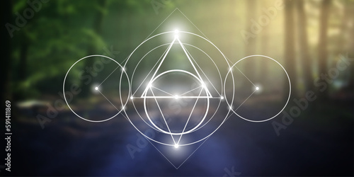Sacred geometry spiritual new age futuristic illustration with transmutation interlocking circles, triangles and glowing particles