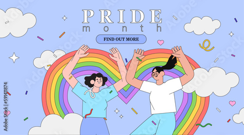 Happy jumping women in trendy flat style blue with clouds background. Concept of gay or bisexual couple celebrate pride month, day, week. People in love with rainbow heart on event, festival or parade