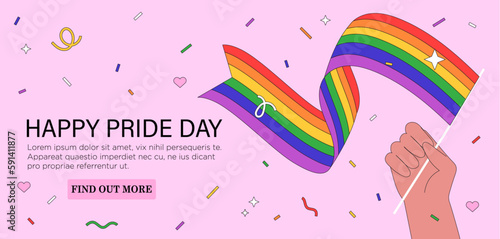 Hand hold rainbow lgbt flag and celebrate pride month, week or day vector flat illustration. LGBTQ support social media banner or post template, greeting card or party invitation on purple background