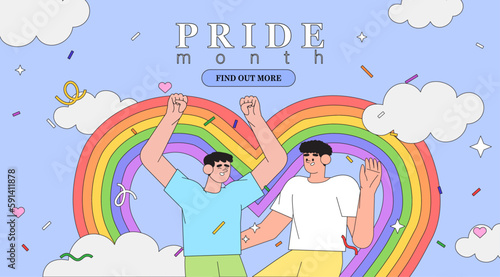 Happy jumping men in trendy flat style blue with clouds background. Concept of gay or bisexual couple celebrate pride month, day, week. People in love with rainbow heart on event, festival or parade.