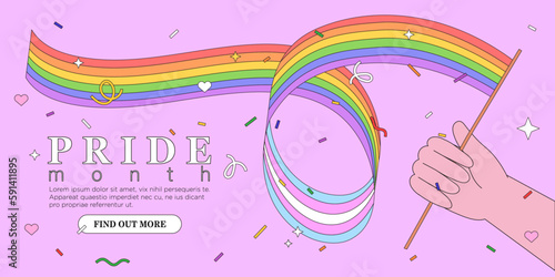 Hand hold rainbow lgbt flag and celebrate pride month, week or day vector flat illustration. LGBTQ support social media banner or post template, greeting card or party invitation on purple background