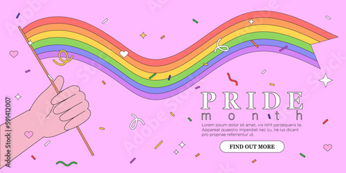 Hand hold rainbow lgbt flag and celebrate pride month, week or day vector flat illustration. LGBTQ support social media banner or post template, greeting card or party invitation on purple background
