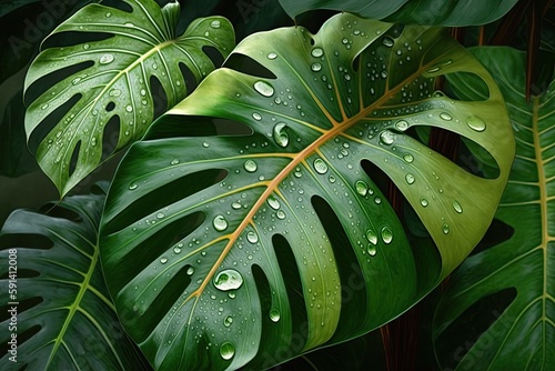 fresh green leaf with water droplets. Generative AI
