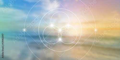 Flower of life. Tree of life. Sacred geometry spiritual new age futuristic illustration with transmutation interlocking circles, triangles and glowing particles