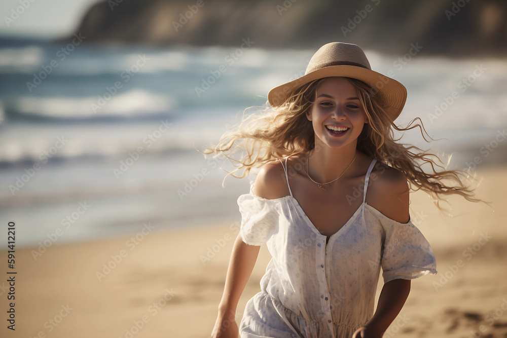 Blonde teen girl in a white beach dress wearing a hat running along the beach having fun on summer vocation, generative ai