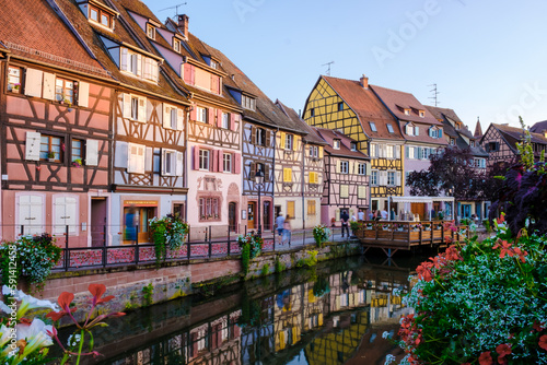 Colmar France July 2021, Beautiful view of the colorful romantic city of Colmar in the evening, Historic town of Colmar, Alsace region, France beautiful canals called Le Petit Venice during summer