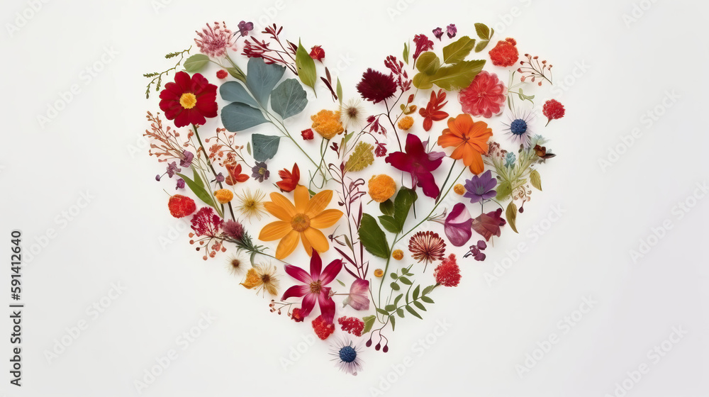 The Shape of a Heart Drawn with a Multitude of Leaves and Colorful Flowers on a white background. Spring Banner. Greeting for Women or Mother's Day. Valentine's Day. Generative AI 