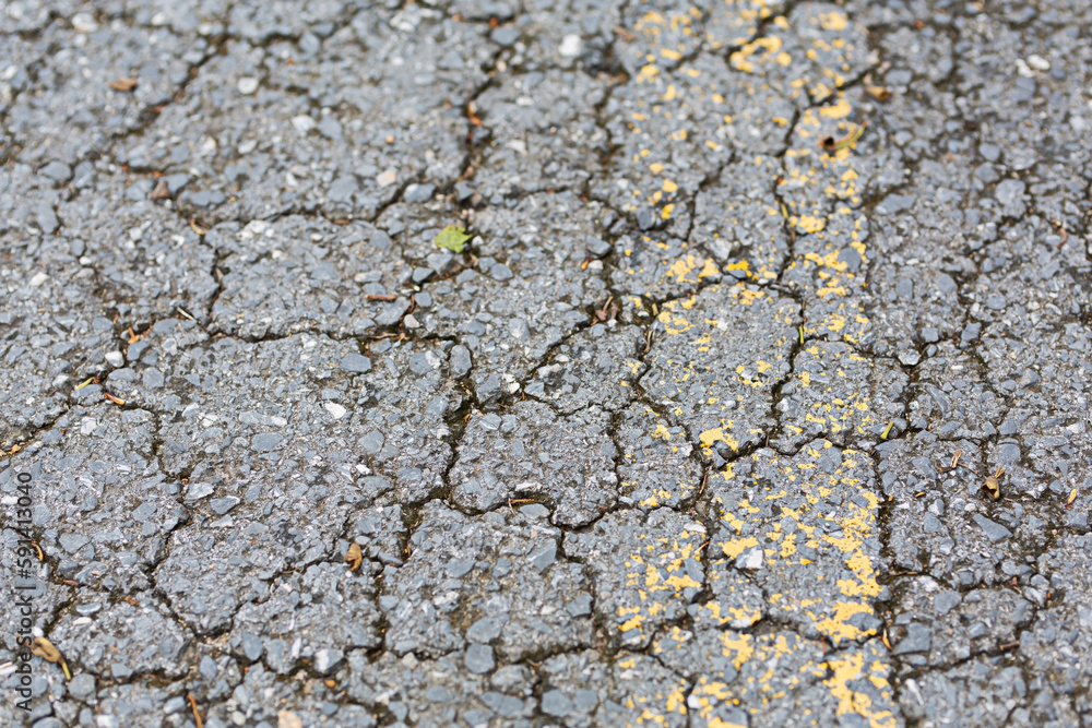 Cracked asphalt road close-up shot