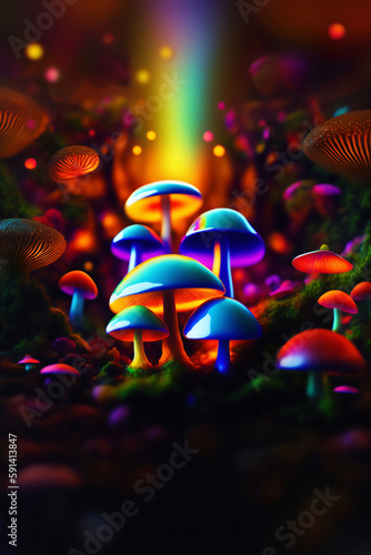 Magic mushrooms. Psychedelic dream vision. Mystical ans colorful hallucination. Generative AI.