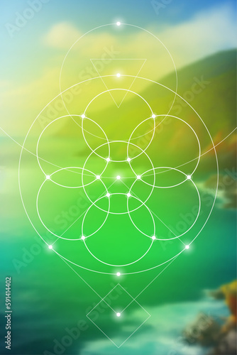 Flower of life. Tree of life. Sacred geometry spiritual new age futuristic illustration with transmutation interlocking circles, triangles and glowing particles