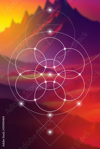 Flower of life. Tree of life. Sacred geometry spiritual new age futuristic illustration with transmutation interlocking circles, triangles and glowing particles
