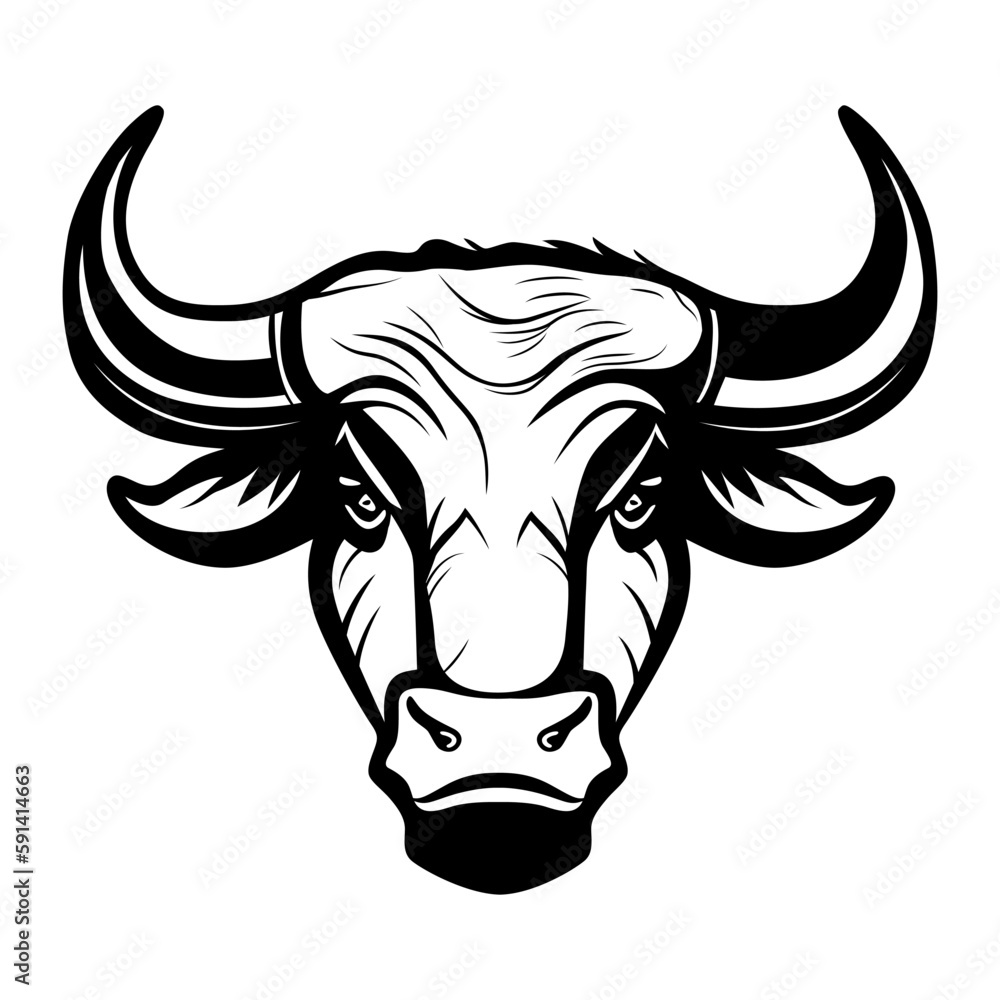 Bull head logo design. Abstract drawing bull face. Black icon of bull with horns. Vector illustration Bull head logo design. Abstract drawing bull face. Black icon of bull with horns. Vector illustration