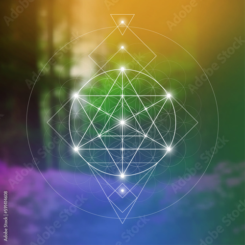 Merkaba. Sacred geometry spiritual new age futuristic illustration with transmutation interlocking circles, triangles and glowing particles