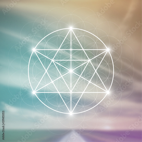 Merkaba. Sacred geometry spiritual new age futuristic illustration with transmutation interlocking circles, triangles and glowing particles