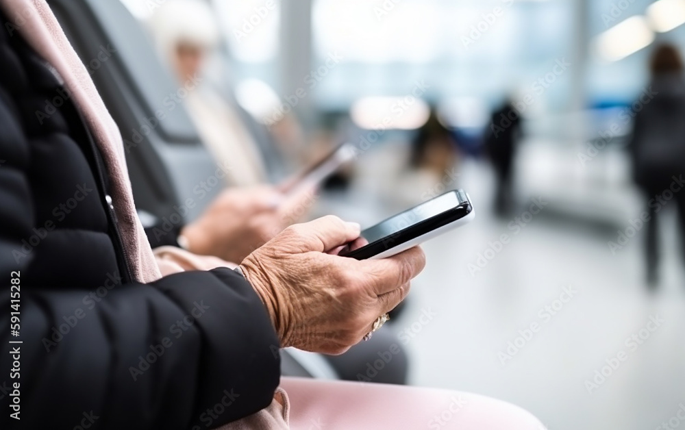 Senior older hands using a smart phone in a seated waiting area like at an airport or train station. Generative AI