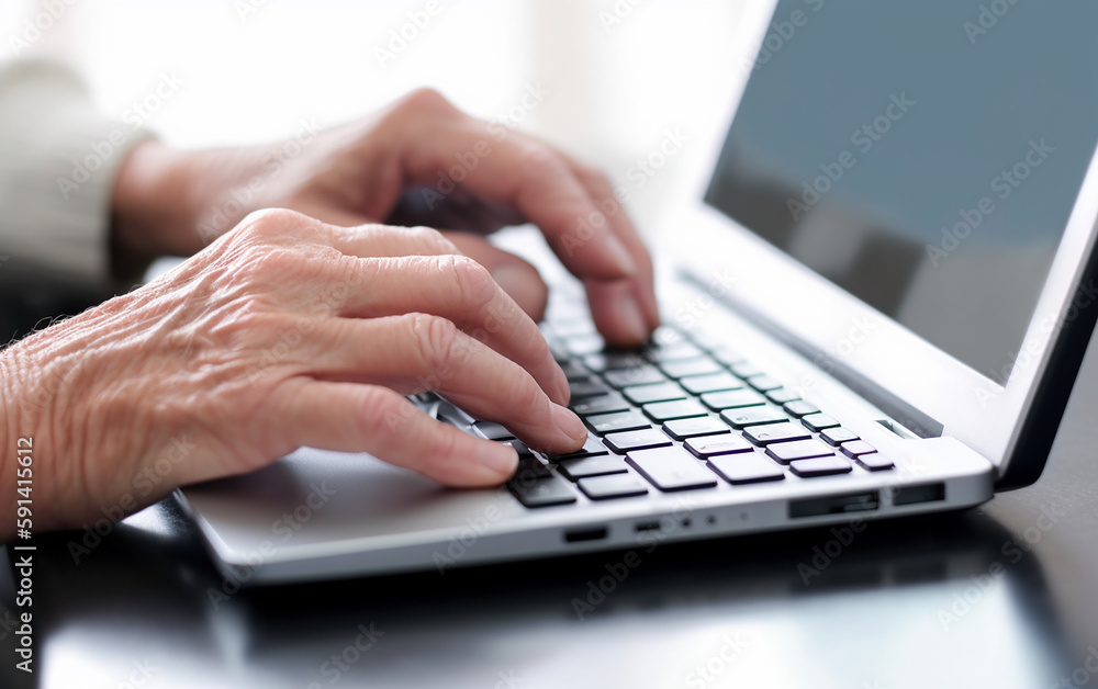 Senior older hands using laptop. Generative AI Senior older hands using laptop. Generative AI