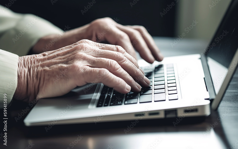 Senior older hands using laptop. Generative AI Senior older hands using laptop. Generative AI