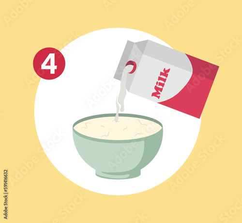 Concept Cake preparation step 4. This is a flat vector cartoon illustration of the fourth step in cake preparation. A mixing bowl and a whisk can be seen on a yellow background. Vector illustration.