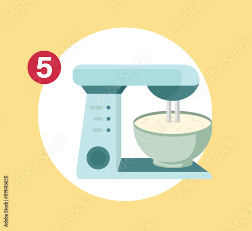 Concept Cake preparation step 5. The illustration shows the fourth step in cake preparation, featuring a flat and vector design with a cartoon-like appearance. Vector illustration.