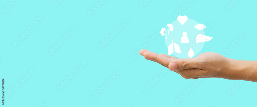 close up young man hand gesture and show about organ donation of human cell on blue background for kindness of. living and medical nonprofit concept close up young man hand gesture and show about organ donation of human cell on blue background for kindness of. living and medical nonprofit concept